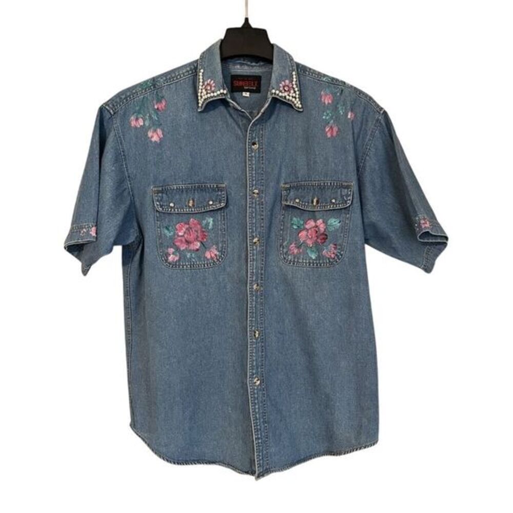 Vtg‎ Sunbelt Womens Blue Denim Shirt Short Sleeve M Hair Painted Pearl Collar